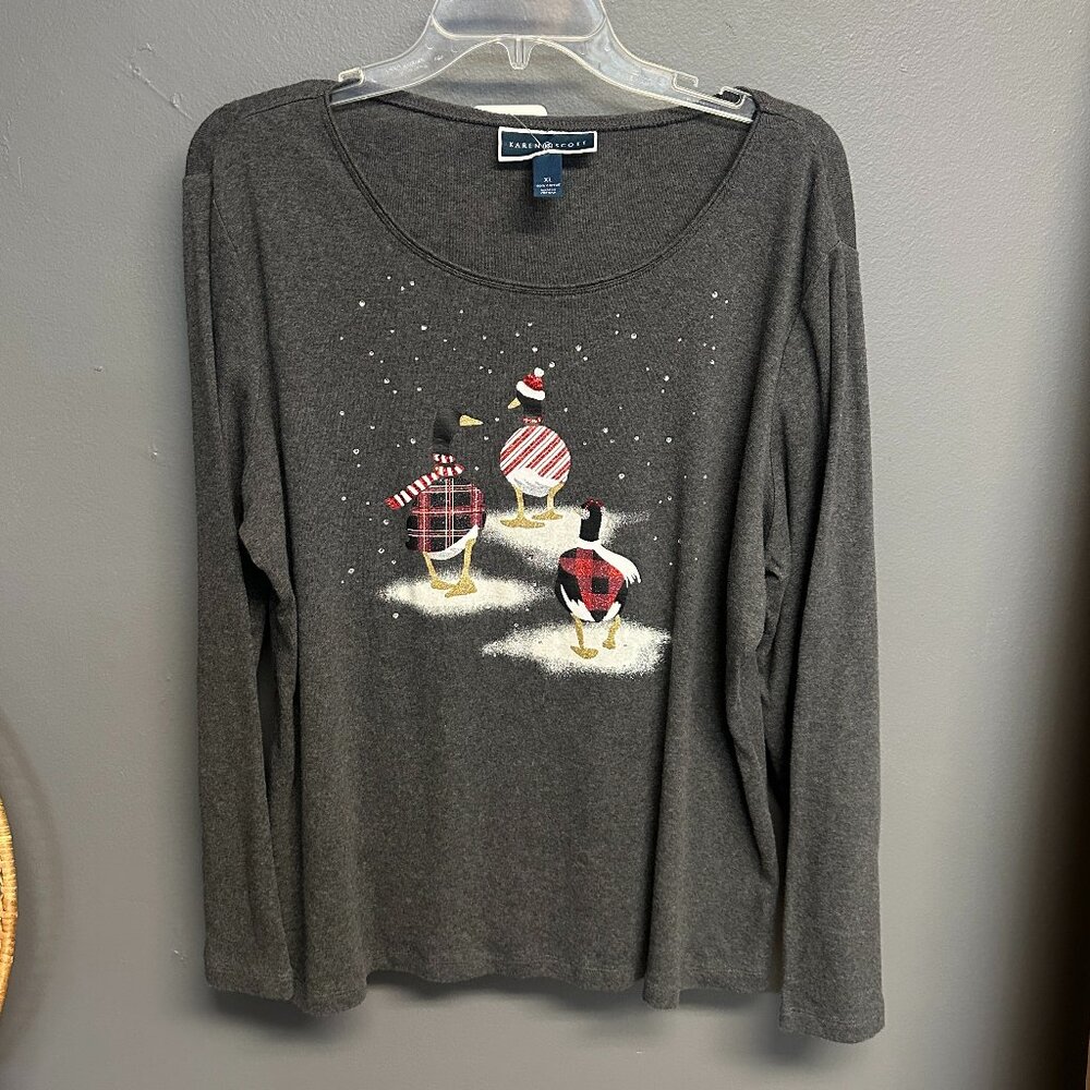 Karen Scott Christmas Goose Graphic Long SLeeve Gray Tee Size XL Top